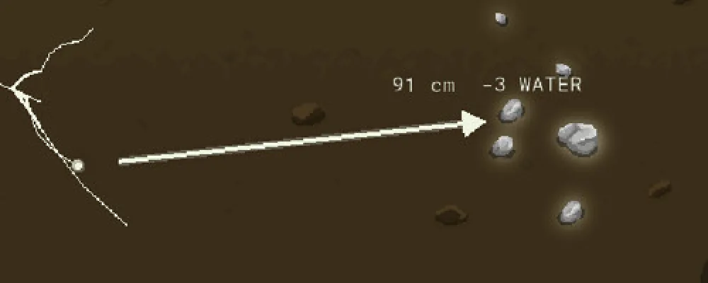 Zoom on Mycelarium aim arrow label reading 91 cm minus 3 WATER pointing at gray glowing pebbles
