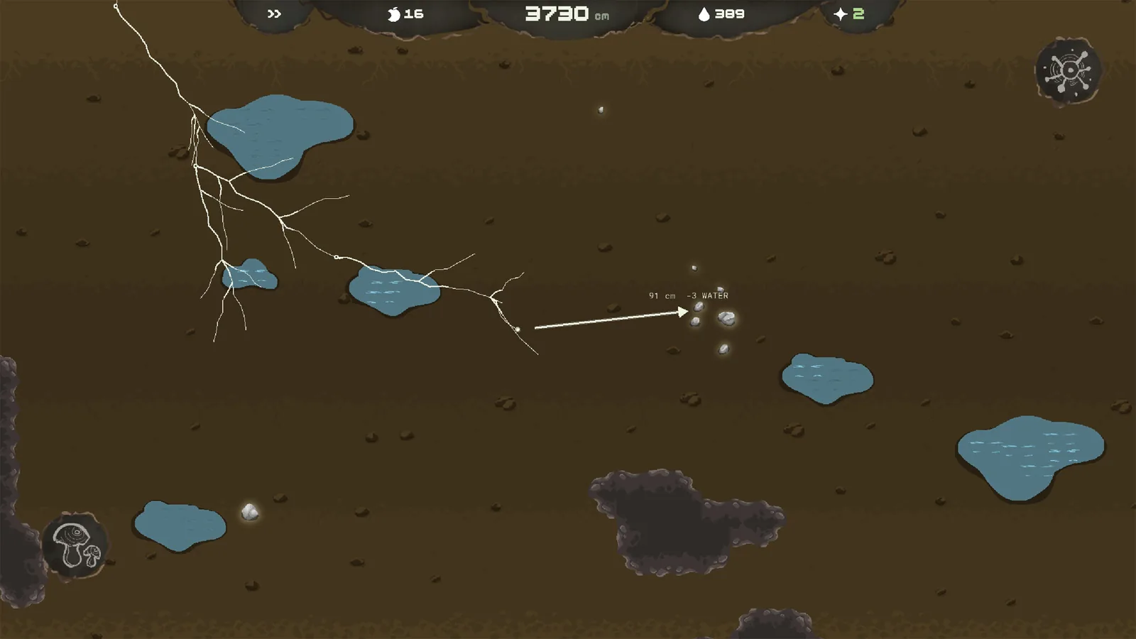 Mycelarium underground view aiming hyphae at glowing gray pebbles with HUD 16 food 3730 cm 389 water 2 stars
