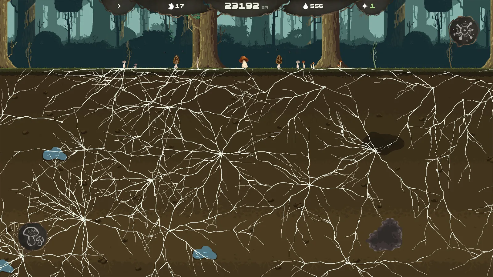 Mycelarium late-game 2D pixel view with dense white hyphae underground, varied surface mushrooms, blue water pockets, and HUD showing 17 food, 23192 cm distance, 556 water, and 1 star