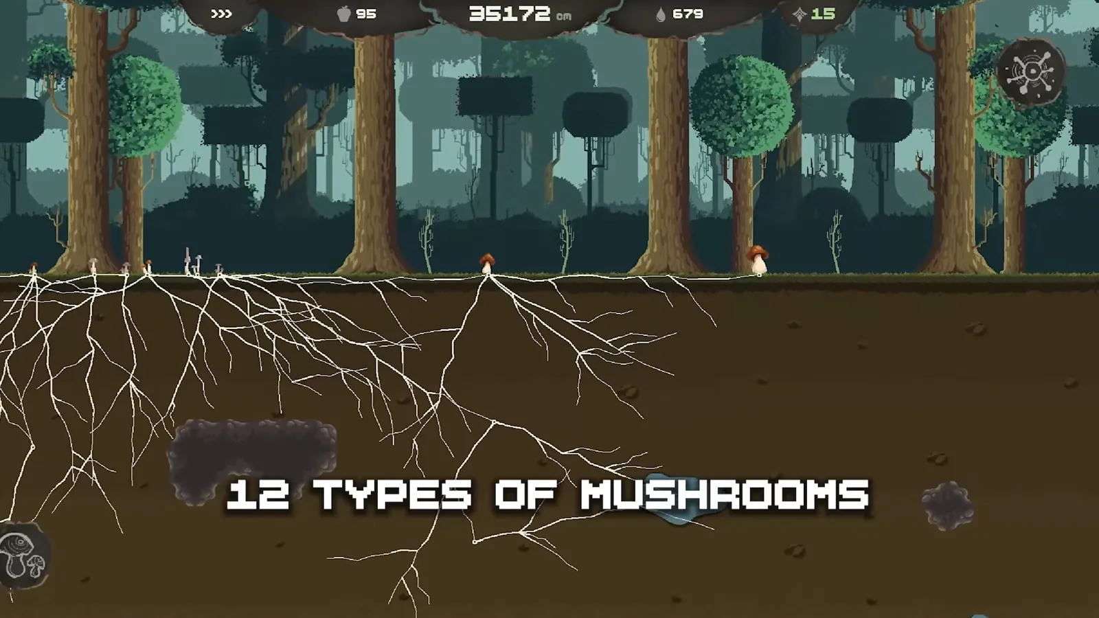Mycelarium trailer frame with large text 12 TYPES OF MUSHROOMS over a forest surface, small mushrooms, and hyphae below, HUD near 35172 cm