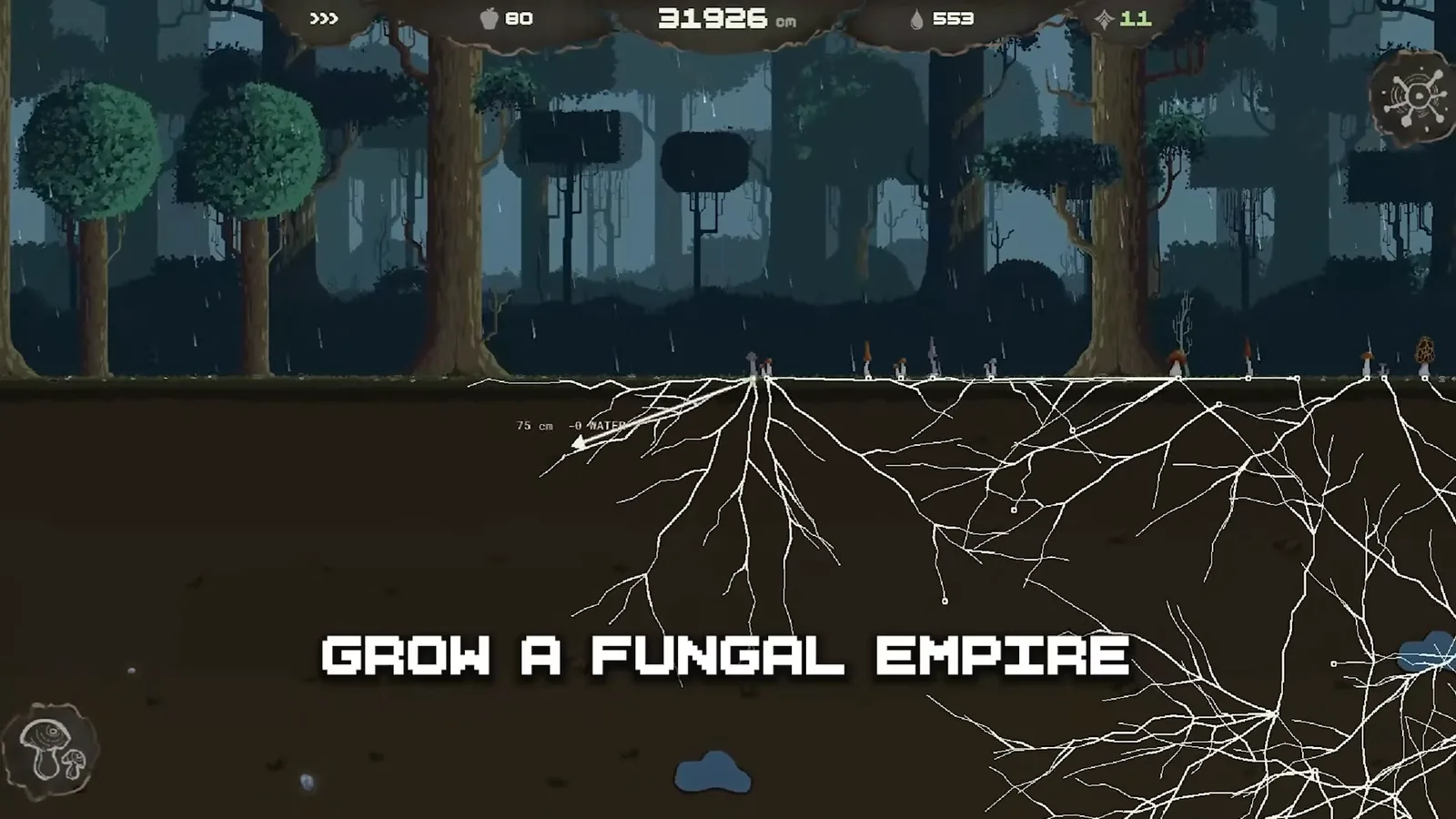Mycelarium trailer frame with text grow a fungal empire over a wide underground hyphae network and HUD distance near 31926 cm