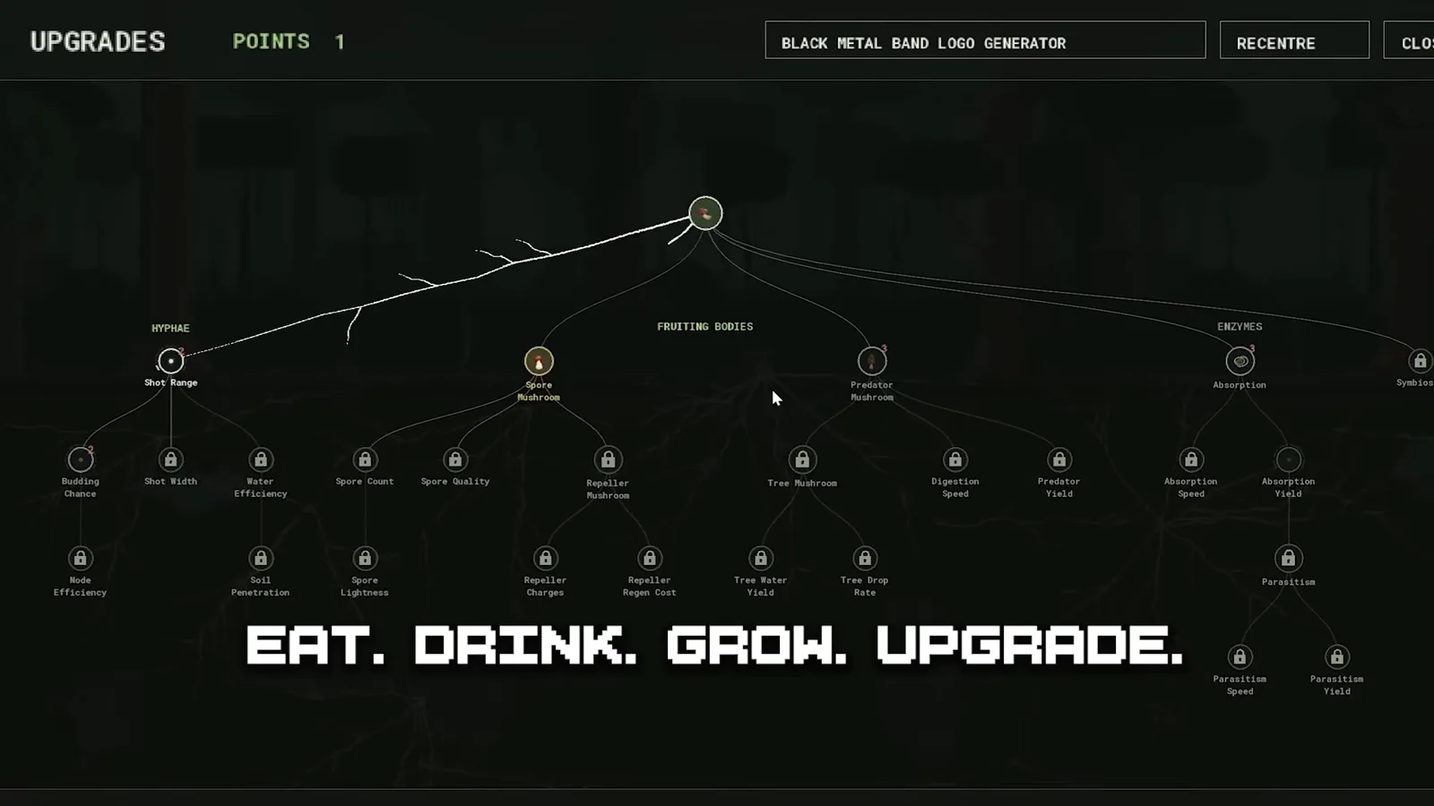 Frame from the official Mycelarium trailer showing the upgrade tree with the caption EAT. DRINK. GROW. UPGRADE.