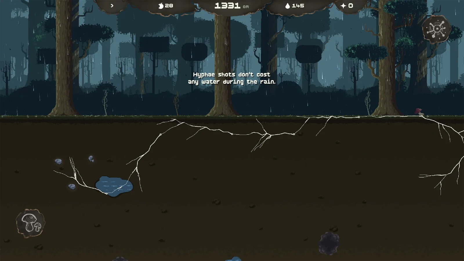 Mycelarium rainy forest gameplay HUD 28 food 1331 cm 145 water 0 stars hyphae toward water pocket
