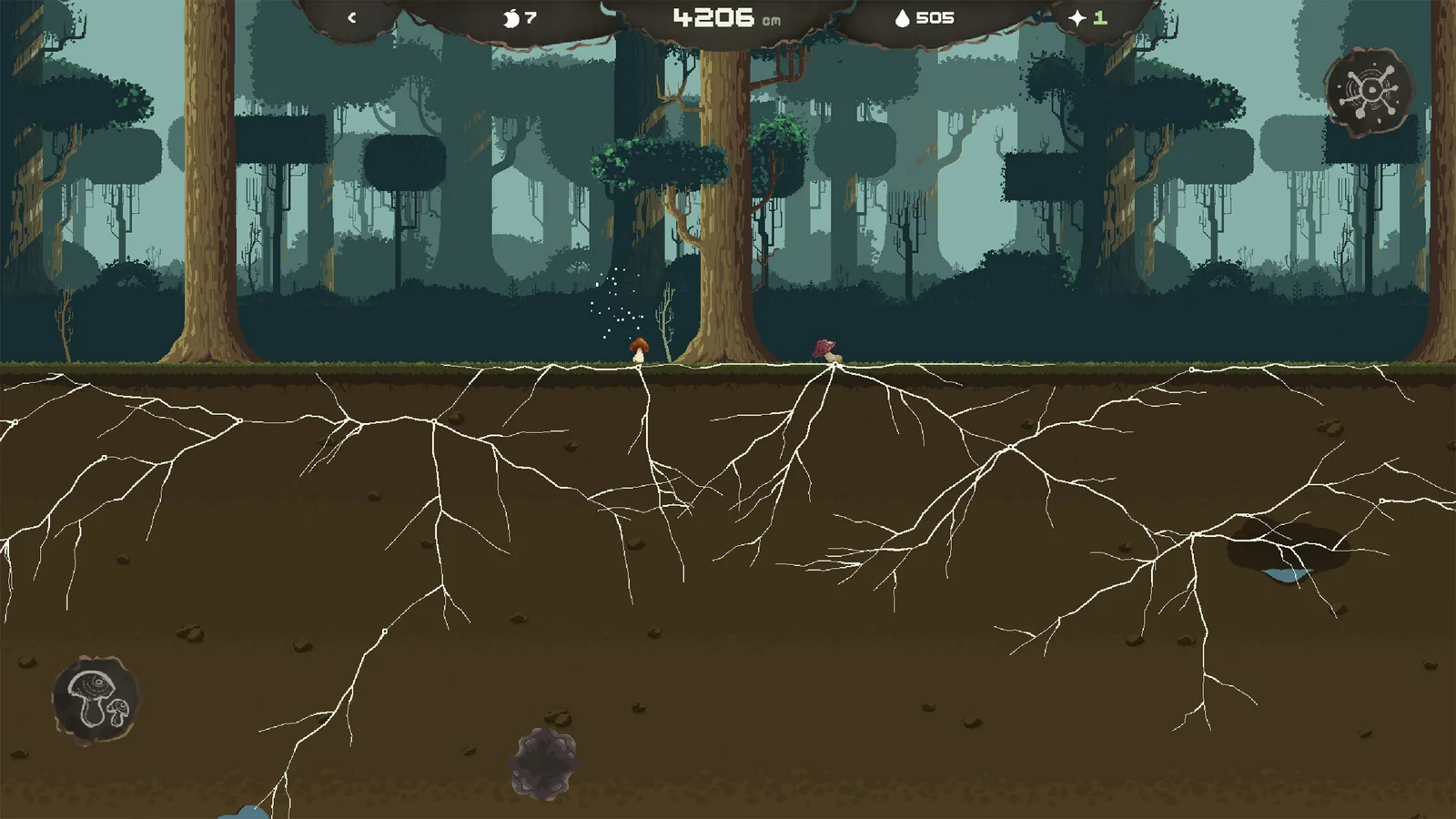 Mycelarium mid-run with orange and pink surface mushrooms, white particles above the orange cap, sparse hyphae below, HUD 7 food and 4206 cm