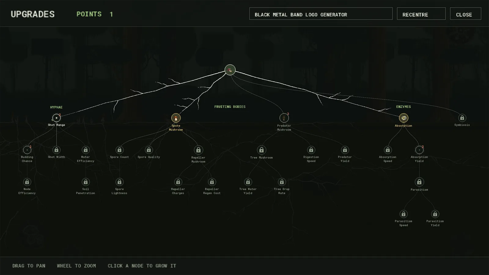 Mycelarium upgrade tree full screen with UPGRADES title, POINTS 1, and branches for Hyphae, Fruiting Bodies, Enzymes, and locked Symbiosis